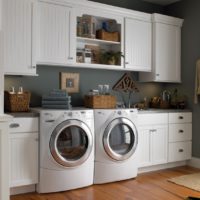 Grey-Painted-Wall-and-White-Cabinets-for-Contemporary-Laundry-Room-Ideas-with-Laminate-Flooring