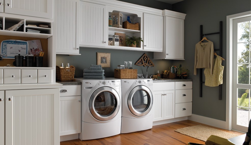 Grey Painted Wall And White Cabinets For Contemporary Laundry Room