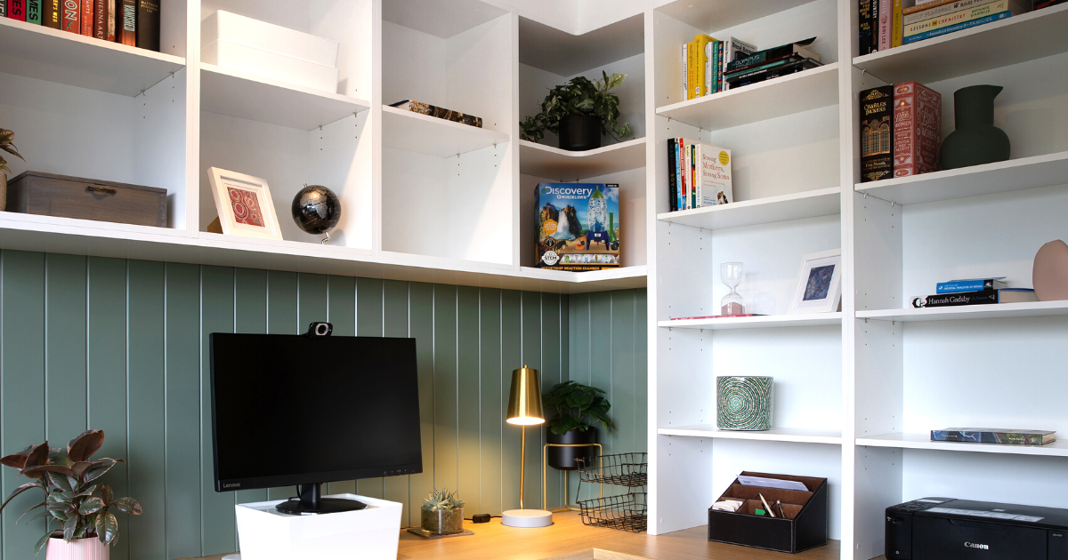 Creative by Design's custom built office, showing shelving filled with unique and creative household items.